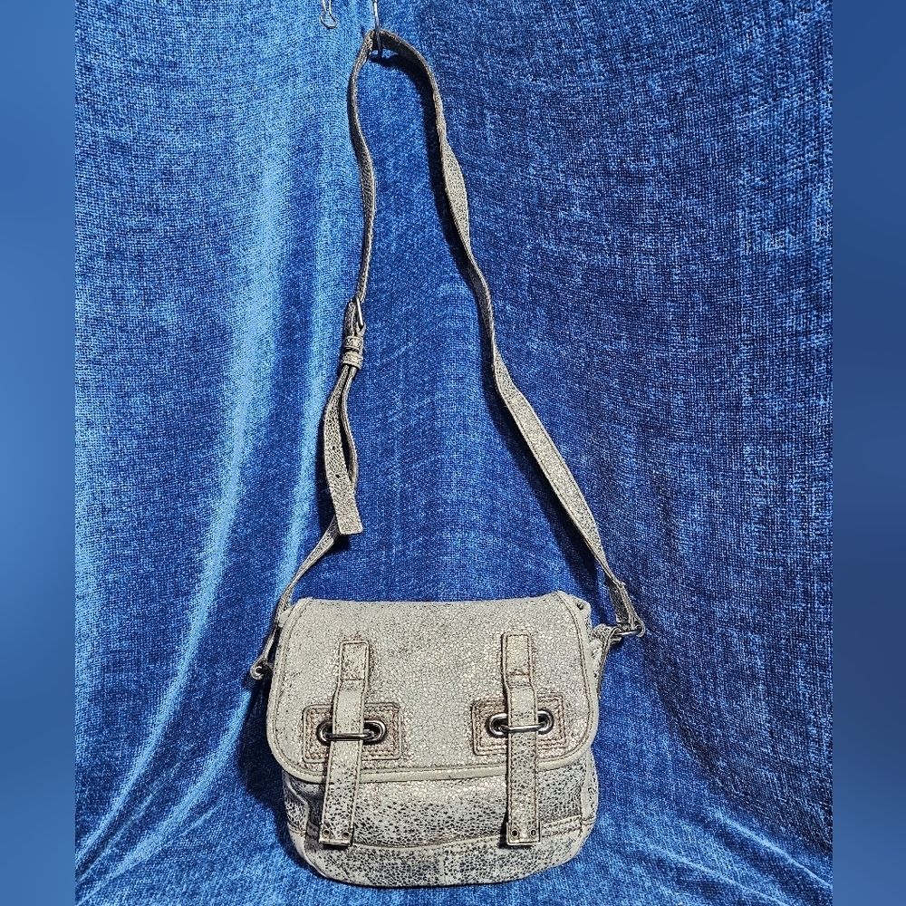 Yves St. Laurent Rive Gauche Pewter Leather Shimmer Crossbody Moto Bag - Picture 3 of 10